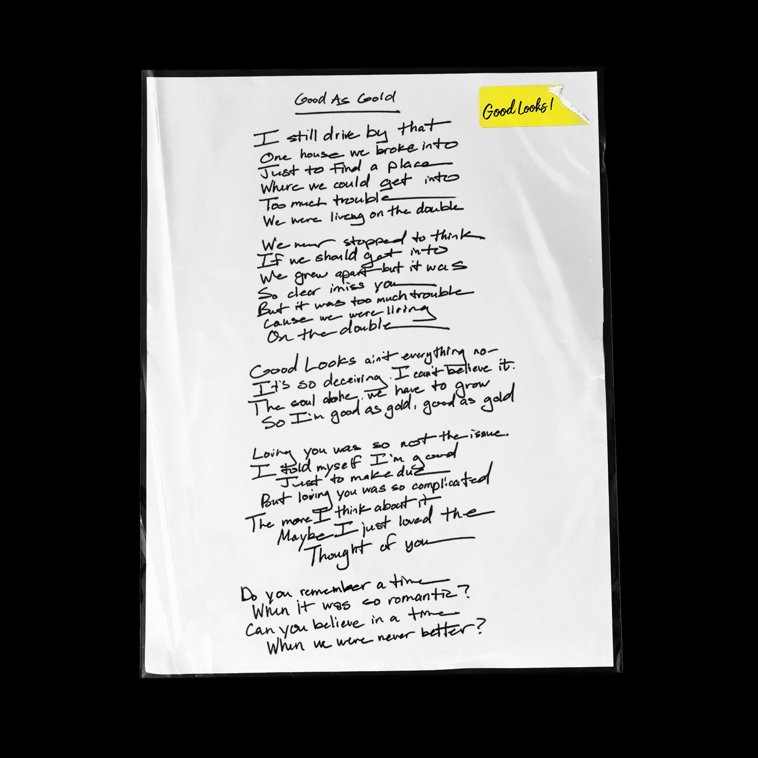 Good Looks Handwritten Lyric Sheet